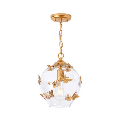 Small Globe Clear Glass Drop Pendant Designer Single Bedroom Ceiling Suspension Lamp with Butterfly Decor