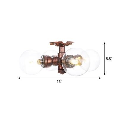Sphere Clear Glass LED Semi Flushmount Industrial 3/4 Heads Restaurant Close to Ceiling Light in Copper