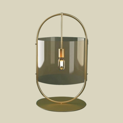 Tan Glass Cylinder Table Lighting Minimalism 1-Head Gold Finish Night Lamp with Oval Ring