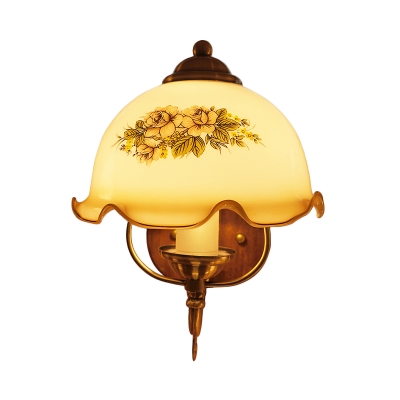 Tan Glass Flower Wall Light Fixture Vintage 1 Light Study Room Wall Sconce with Wood Backplate