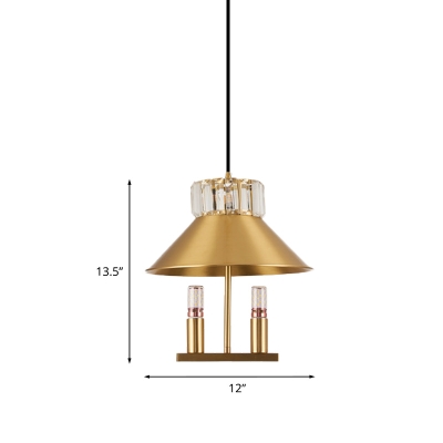 Vintage Cone Hanging Lamp 1 Light Metal Pendant Ceiling Lighting in Brass with Crystal Accent