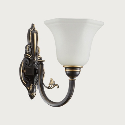 Vintage Flower Up Wall Lighting 1/2-Bulb Milk White Glass Wall Mounted Lamp in Brass/Black and Gold