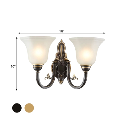Vintage Flower Up Wall Lighting 1/2-Bulb Milk White Glass Wall Mounted Lamp in Brass/Black and Gold