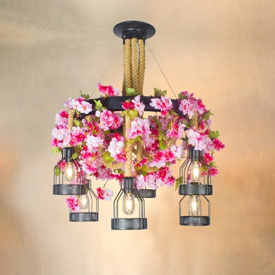 Warehouse Caged Chandelier Lighting 6/12 Bulbs Rope Drop Pendant in Black with Pink Cherry Blossom