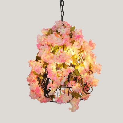 Warehouse Candelabra Chandelier Light 3 Heads Iron Flower Suspension Lamp in Pink with Wire Cage