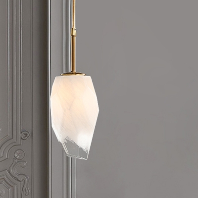 White Glass Gemstone Shape Pendant Minimalist Single Bulb Ceiling Suspension Lamp in Brass