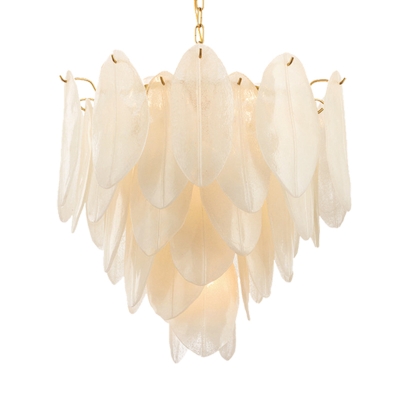 White Textured Glass Leaf Chandelier Contemporary 6 Bulbs Hanging Light Kit in Gold