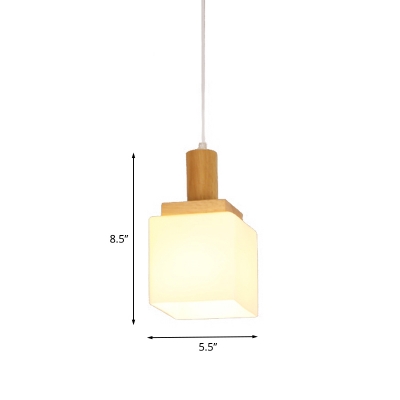 Wood Cube Hanging Pendant Modern Asia 1-Head Cream Glass Ceiling Suspension Lamp