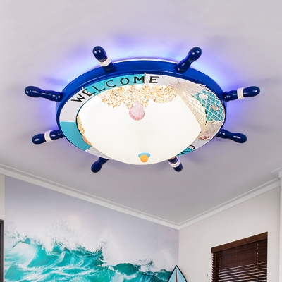 Wood Rudder Flush Mount Fixture Mediterranean LED Flush Lighting in Blue/Light Blue with Dome Frosted Glass Shade
