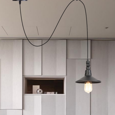 1 Bulb Hanging Lighting Industrial Corridor Adjustable Pendant Lamp with Saucer Iron Shade in Black