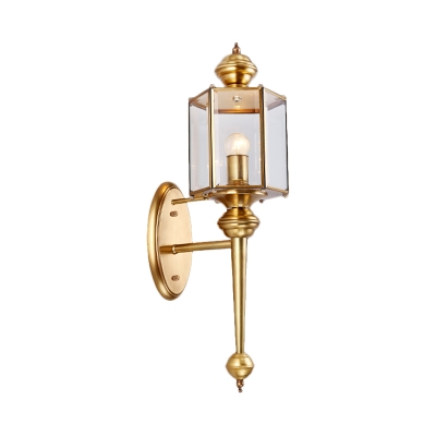 1 Head 6-Side Prism Wall Lighting Vintage Brass Transparent Closed Glass Sconce Light
