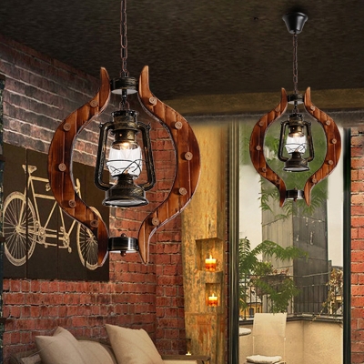 1 Light Clear Glass Pendant Lamp Factory Brass Lantern Living Room Hanging Ceiling Light with Wood Frame Deco