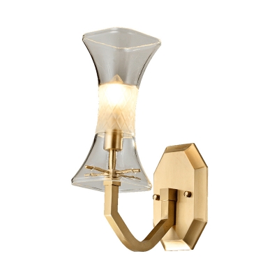 1-Light Corner Wall Sconce Postmodern Brass Wall Mount Light Fixture with Flared Clear Glass Shade