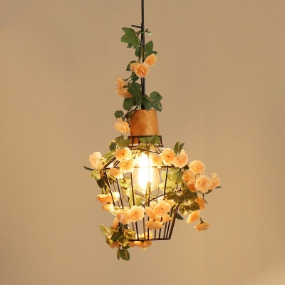 1-Light Iron Suspension Pendant Industrial Black Barn/Diamond/Jar Cage Restaurant Flower Drop Lamp with Wooden Cap