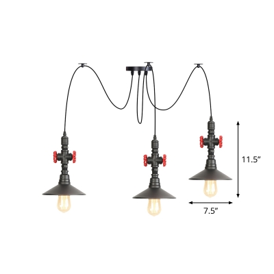 2/3/6 Bulbs Swag Multi Ceiling Light Industrial Saucer Iron Pendant Lamp Fixture in Black with Valve Decor