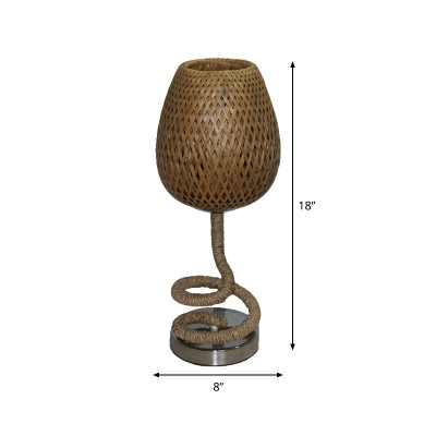 2-Layer Teardrop Shaped Table Light Asian Bamboo Rattan 1 Bulb Flaxen Night Lamp with Coiled Roped Stand