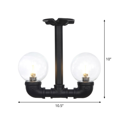 2-Light LED Semi Flushmount Industrial Hallway Ceiling Mounted Lamp with Orb Clear Glass Shade in Black