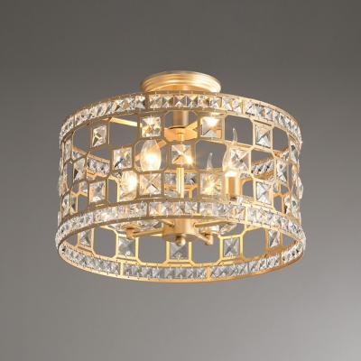 3/4 Lights Laser-Cut Drum Semi Mount Lighting Modern Gold Finish Beveled Crystal Close to Ceiling Lamp