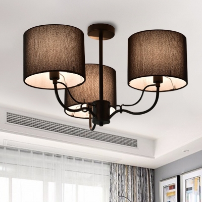 3/6-Light Hollowed Drum Shade Semi Flush Traditional White/Black Fabric Ceiling Mount Chandelier for Living Room