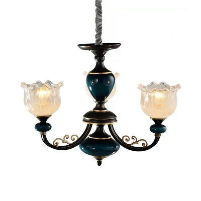 3/6-Light Up Chandelier Lighting Farmhouse Flower Clear Ribbed Glass Hanging Pendant Lamp in Black