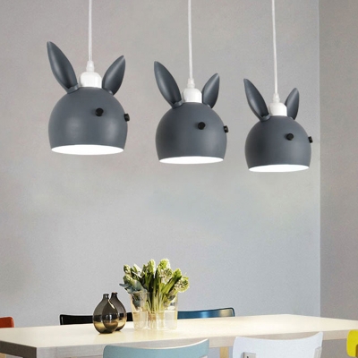 3 Bulbs Dining Room Suspension Pendant Cartoon Pink/Grey Multi Hanging Light with Rabbit Metal Shade