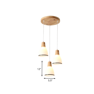 3 Heads Dining Room Multi Light Pendant Japanese Wood Ceiling Hang Fixture with Bell White Glass Shade