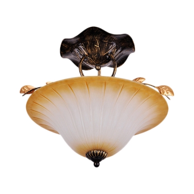 3 Lights Bowl/Bell Semi Flush Light Country Beige Glass Close to Ceiling Lamp with Metal Swirl Arm