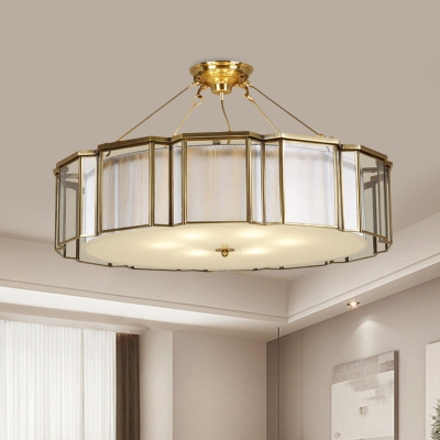 4 Bulbs Frosted Glass Semi Flush Mount Traditional Brass Drum Parlor Ceiling Lighting with Outer Panel Cage