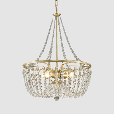 4 Heads Metal Pendant Chandelier Contemporary Gold Basket Bedroom Ceiling Light with Crystal Bead