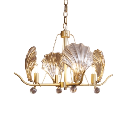 4 Lights Clear Glass Chandelier Lighting Modernist Brass Shell Shape Bedroom Pendant Lamp