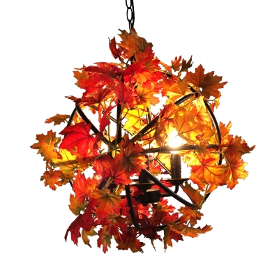 4 Lights Maple Leaf Sphere Chandelier Industrial Red and Black Iron Hanging Lamp Kit