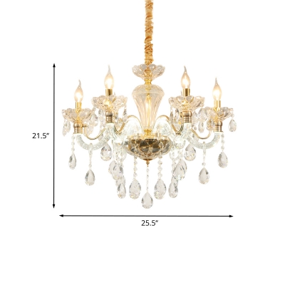 6-Head Beveled Crystal Chandelier Lighting Traditional Gold Curvy Arm Living Room Pendant Lamp Fixture