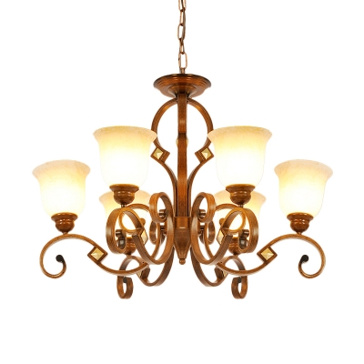 6 Heads Chandelier Light Fixture Rustic Bell Opal Glass Pendant Lighting in Brown with Swooping Arm