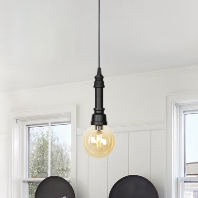Amber Glass Black Finish Ceiling Light Globe/Capsule 1-Head Vintage Pipe LED Suspension Pendant
