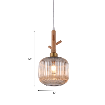 Amber Ribbed Glass Drum Pendant Light Modernism 1 Head Hanging Ceiling Lamp with Wood Branch Top