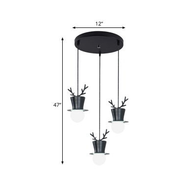 Antler and Hat Multi Ceiling Light Macaron Metal 3 Lights Black Hanging Lamp Kit with Linear/Round Canopy