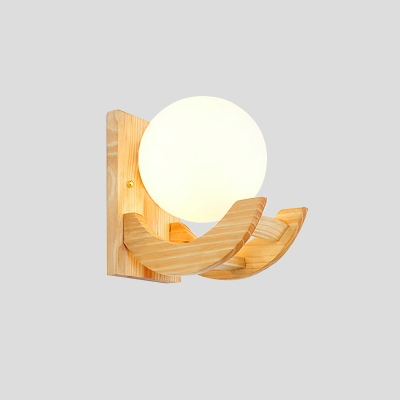 Arced Arm Wall Light Sconce Modernism Wood 1 Head Beige Wall Lamp with Globe White Glass Shade