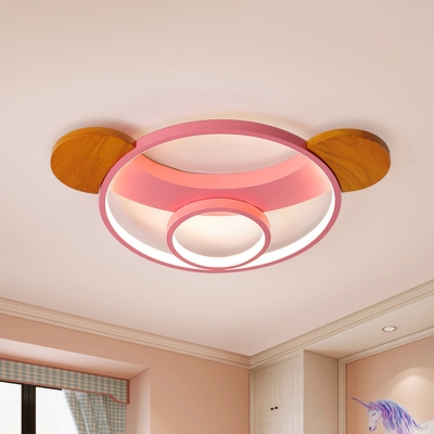 Bear Head Flush Mount Lamp Cartoon Metal Pink/Blue and Wood LED Ceiling Fixture in Warm/White Light, 16