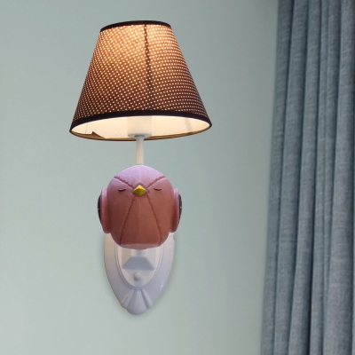 Bird Shape Resin Wall Light Fixture Cartoon 1 Head Pink/Blue Sconce Lamp with Barrel Brown Fabric Shade