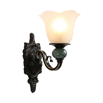 Black 1-Bulb Wall Sconce Lighting Traditional Opal Ribbed Glass Flower Up Wall Lamp Fixture