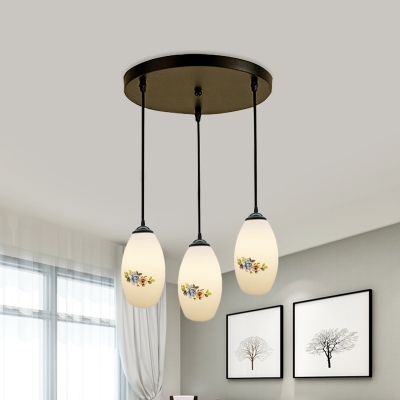 Black 3 Heads Multi Pendant Countryside White Glass Elongated Domed Hanging Light Fixture with Petal Pattern, Round/Linear Canopy