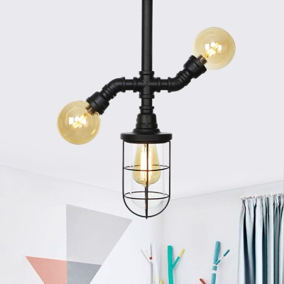 Black 3 Lights Semi Flush Light Fixture Antiqued Clear Glass Cage and Globe/Capsule Ceiling Mounted Lamp