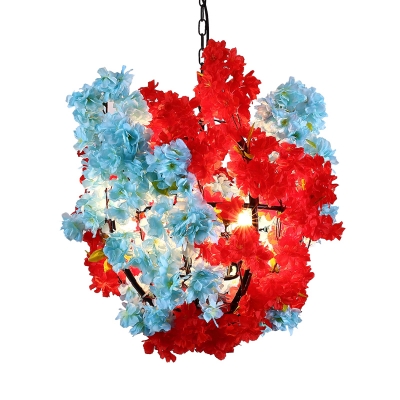 Blue and Red 3 Lights Chandelier Rustic Iron Floral Sphere Pendant Lighting over Table