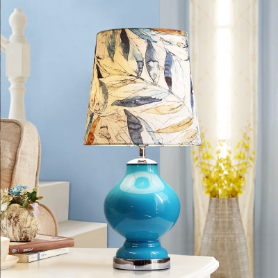 Blue Single Bulb Night Lamp Pastoral Leaf Printing Fabric Barrel Table Light with Globe Base