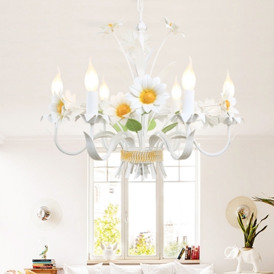 Bouquet Metal Hanging Chandelier Country Style Korean 6 Bulbs Living Room Ceiling Pendant Light in White