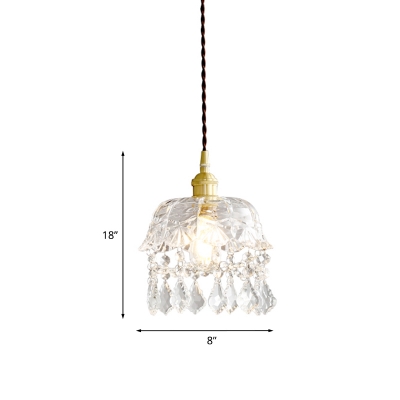 Bowl Clear Crystal Glass Hanging Lamp Modern 1-Bulb Bedside Suspension Light in Brass