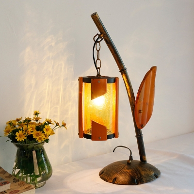 Brass 1 Light Desk Lighting Industrial Amber Crackle Glass 1-Light Table Light with Wood Leaf Deco