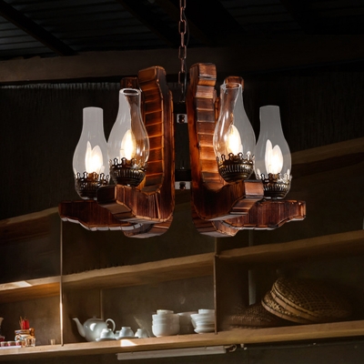 Clear Glass Bottle Chandelier Light Fixture Loft Style 6-Head Restaurant Pendant Lighting with Wood Arm