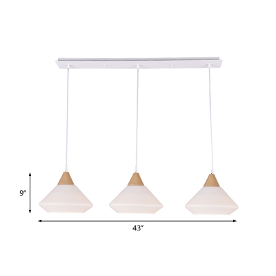 Conic Cream Glass Multiple Hanging Light Modern 3 Heads Wood Ceiling Pendant Lamp