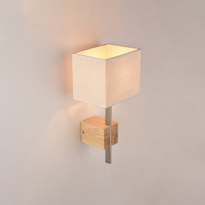 Cuboid Bedside Wall Light Fixture Simple Printed Fabric 1 Bulb Wood Sconce Lighting with Nickel Fixture Stem